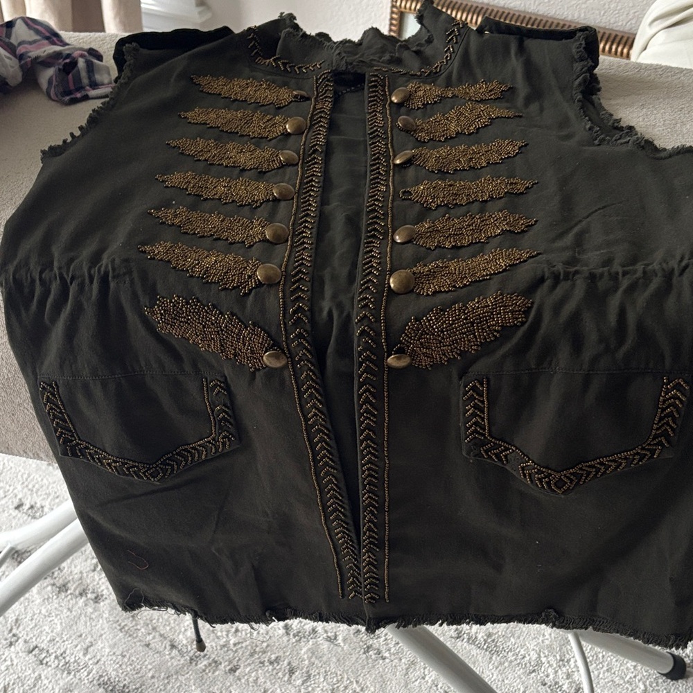 Zara Black Sleeveless Embroidered Military-Style Top with Gold Beading